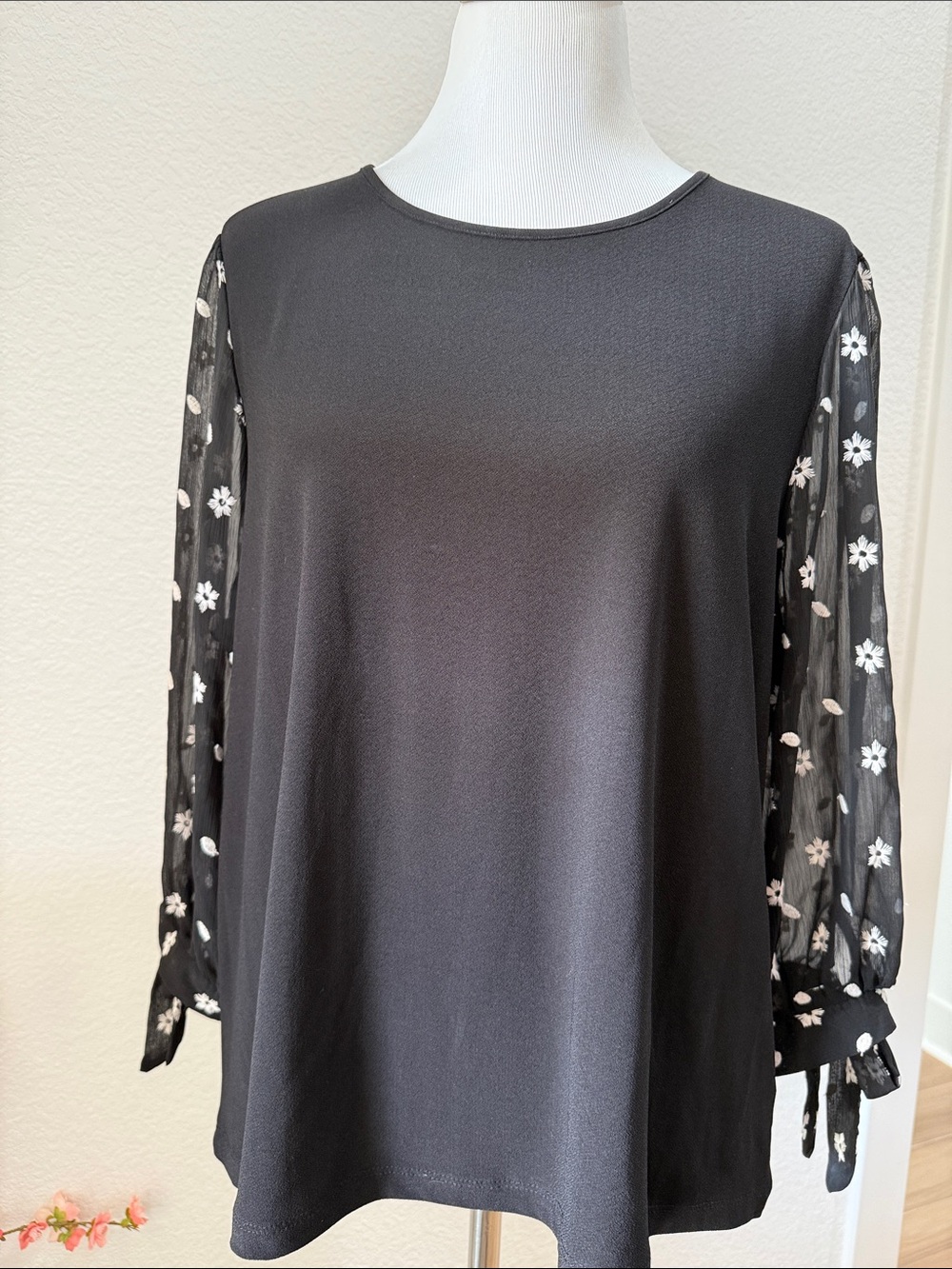 CeCe Black Blouse with Sheer Floral Sleeves